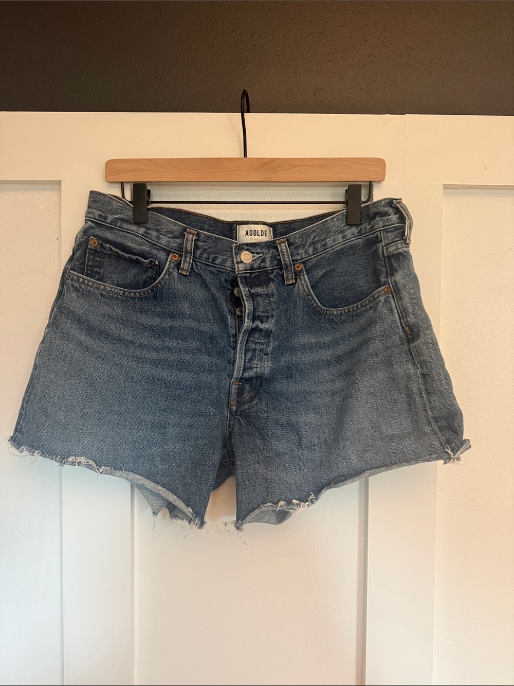 Agolde Mid-Blue High-Rise Raw-Hem Denim Shorts